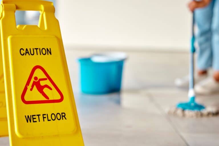 Spring cleaning, wet or floor with mopping sign in home or office building in hygiene maintenance,